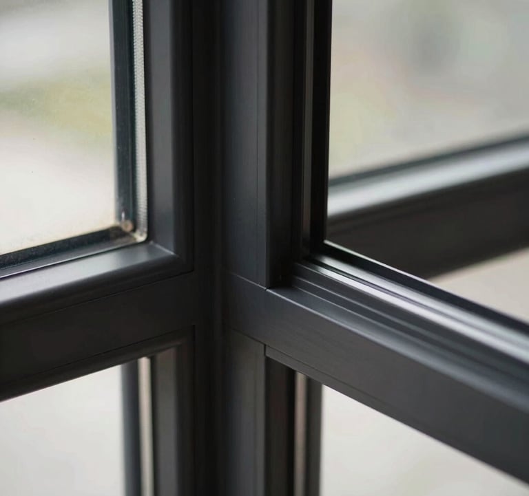 A sharp, detailed close-up shot of an ultra-thin matte black window profile. The focus is on the precision-engineered corner joint and the sleek, minimal frame. High-end architectural product photography style.