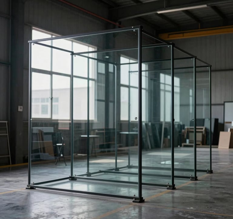 Industrial-chic shot of a row of large-format glass panels staged in a clean warehouse, ready for shipping. The light reflects off the pristine glass surfaces against dark charcoal walls.