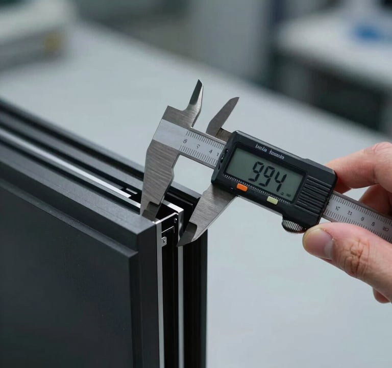 A detailed close-up shot of a sleek, ultra-thin matte black aluminum window profile being carefully inspected with a digital caliper. High-tech industrial setting with soft, focused lighting. International / Global.