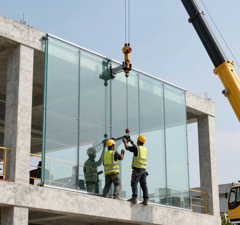 An action shot of a professional construction crew in high-end safety gear using a specialized crane to install a massive, minimalist glass panel onto a modern concrete structure. Bright, clear lighting and sharp focus. International / Global site.