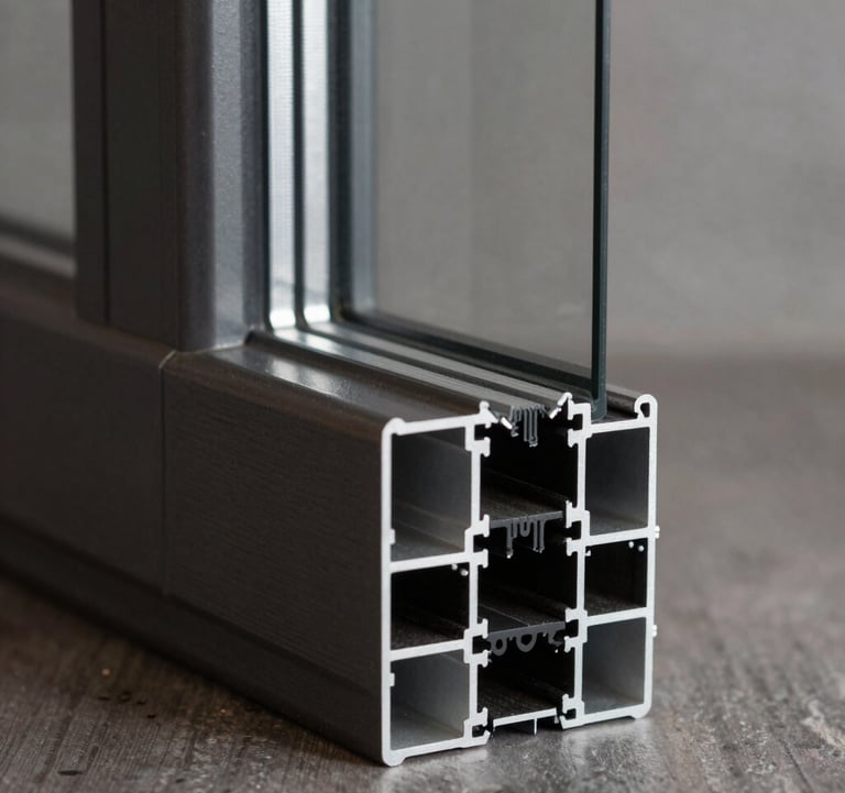 Macro photography of an ultra-slim aluminum window profile, showing the internal thermal break and precision-machined dark charcoal finish. Neutral lighting in an industrial-luxury setting.