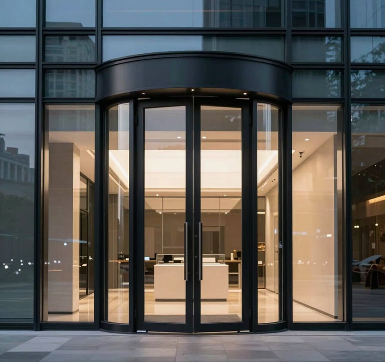 A cinematic shot of a high-end commercial building at dusk, featuring a massive pivoting glass door and ultra-slim sliding systems. The lighting is sophisticated, emphasizing the matte black frames and the clarity of the large-format glass. International / Global context.