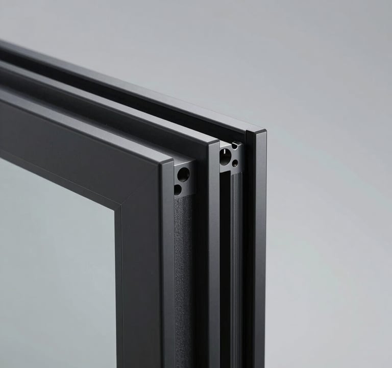 A detailed close-up of a sleek, ultra-thin matte black aluminum window profile meeting a clear glass edge. The composition highlights the precision engineering and industrial-luxury finish against a soft grey background.