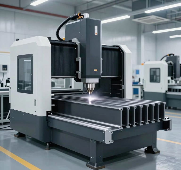 A clean, high-tech manufacturing facility interior with large CNC machinery cutting dark gray aluminum profiles. The space is spacious and minimalist, reflecting industrial-luxury standards.