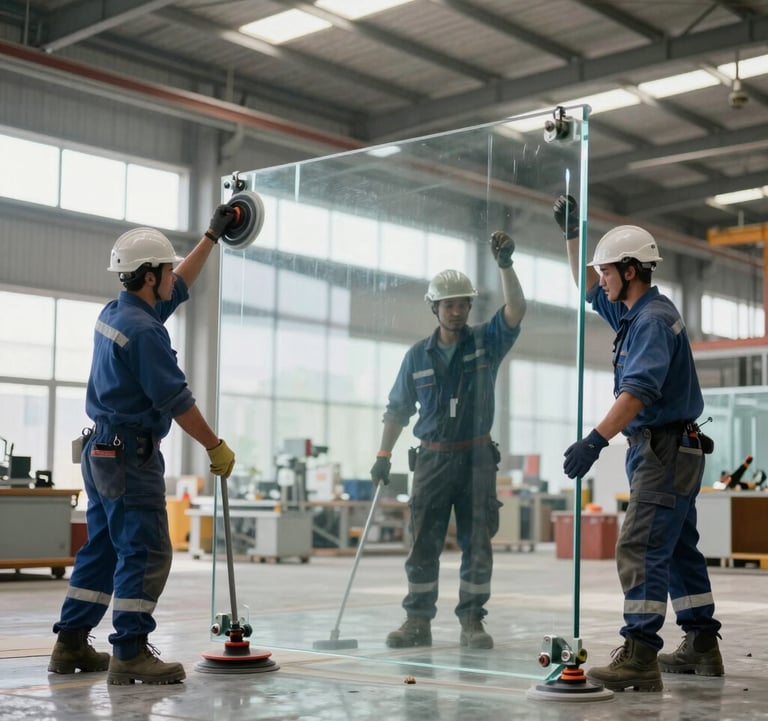 An action shot of a professional construction crew in clean uniforms using industrial suction cups to move a massive, crystal-clear glass panel inside a bright, high-ceilinged factory. International / Global.