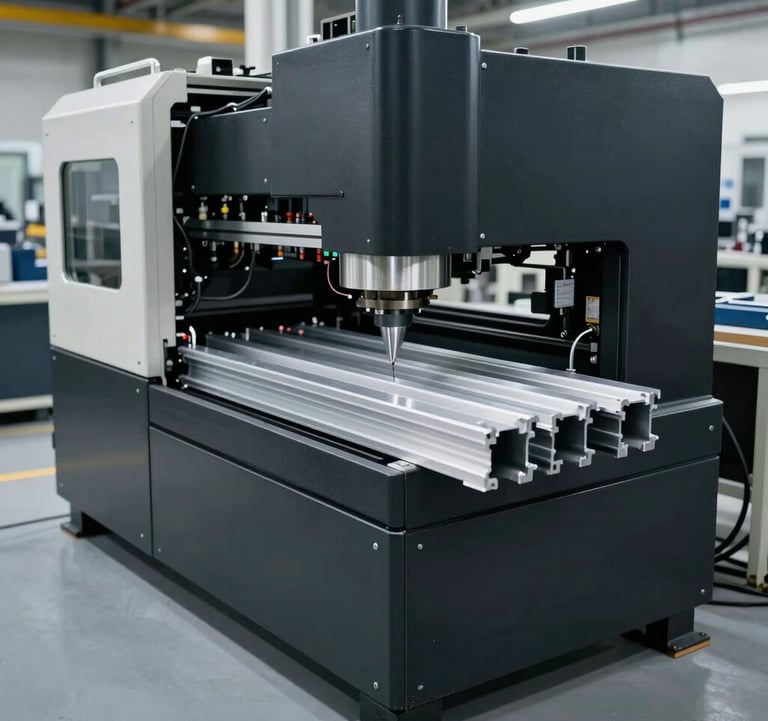 An industrial-chic photo of a high-tech manufacturing facility. Modern machinery is precisely cutting aluminum profiles in a clean, spacious environment with soft grey floors and matte black equipment. Global industrial setting.
