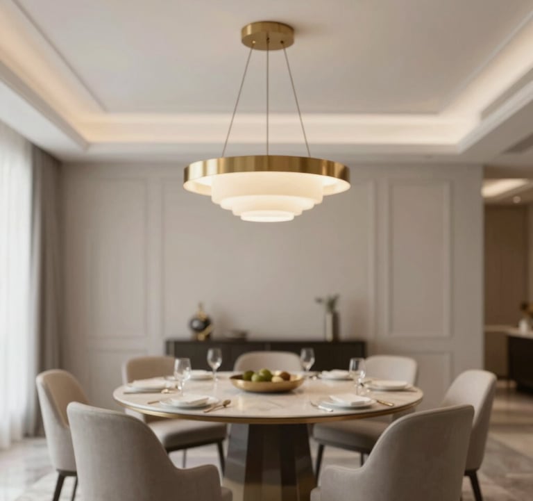 An interior shot of a formal dining room in a luxury home, featuring a designer light fixture in muted gold (#AA8A6B) and minimalist furniture. Sophisticated, clean, and upscale.