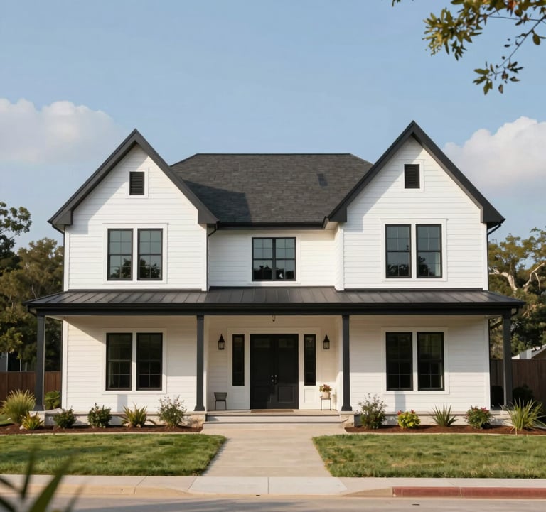 The exterior of a luxury modern farmhouse in Round Rock, Texas. The home features white siding (#F8F4ED), black window frames (#1A1A1A), and a sprawling porch. High-end, inviting, and professional.