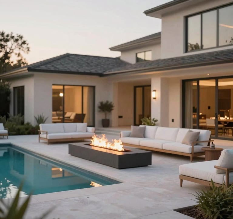 A luxurious outdoor living space and pool area in a Pflugerville estate. Features include a modern fire pit, soft white lounge seating, and elegant landscaping under soft twilight. The color palette emphasizes #F8F4ED and #CFC8BE.