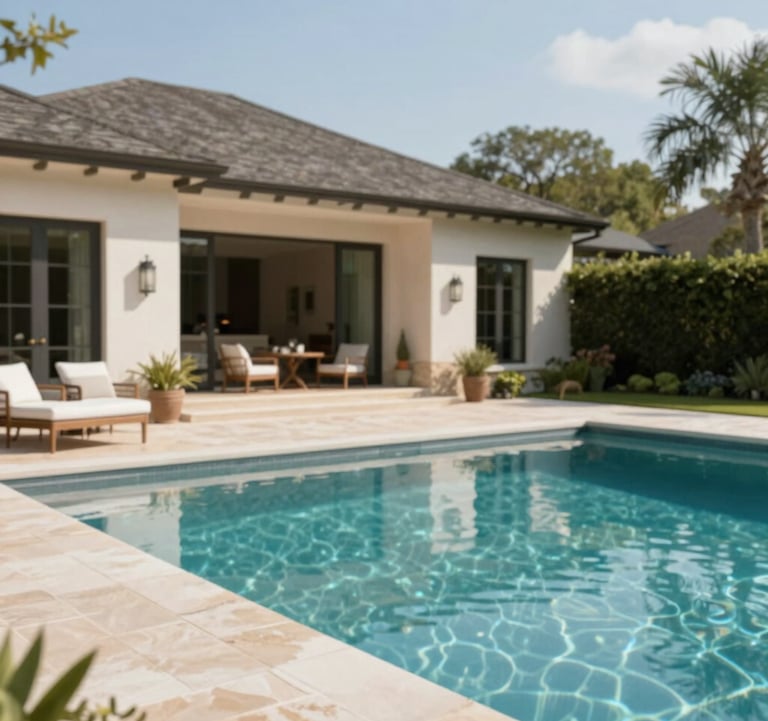 A lifestyle shot of a poolside terrace at a luxury home in Austin. The water is crystal clear, reflecting the #F8F4ED stone patio. Elegant outdoor furniture and a manicured landscape create a sense of serene, high-end living.