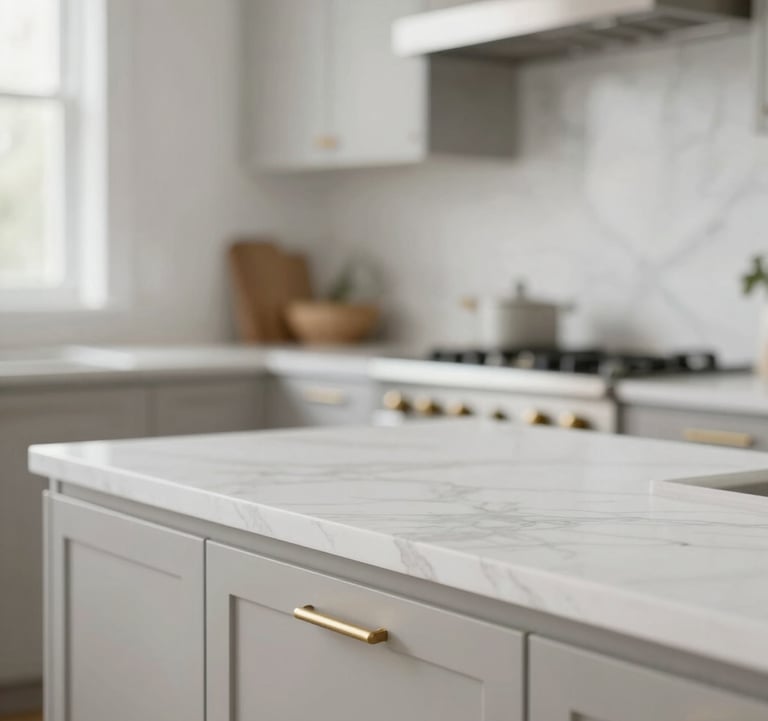 A close-up, high-detail shot of a luxury kitchen featuring white marble countertops, muted gold (#AA8A6B) hardware, and minimalist cabinetry. The scene is bright and airy, representing the high-end properties found in Pflugerville and North Austin.