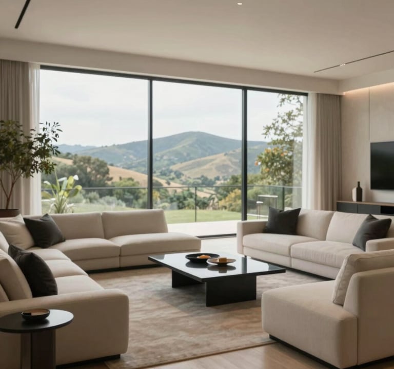 A wide shot of a luxury living room with floor-to-ceiling windows overlooking the rolling hills of the Austin area. The furniture is modern and sophisticated in neutral tones (#CFC8BE), with black accents (#1A1A1A) and warm wood floors.