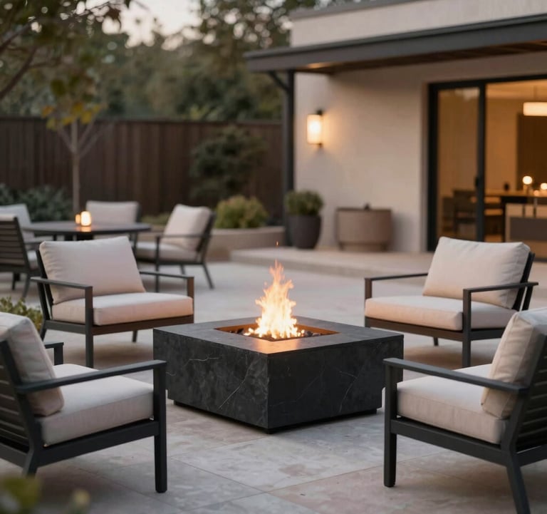 An elegant outdoor entertaining space in Round Rock, Texas. A modern fire pit with black stone surround, surrounded by designer outdoor lounge chairs. Soft evening lighting creates a warm, inviting atmosphere. Palette: #1A1A1A and #CFC8BE.