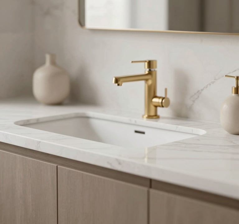 A detailed close-up of premium interior finishes: a white marble countertop with subtle gray veining, accented by a muted gold faucet and a small ceramic vase. The style is clean, modern, and high-end. Palette: #F8F4ED and #AA8A6B.