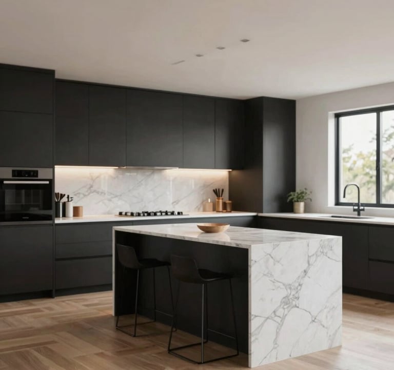A high-end, contemporary kitchen in a luxury Austin property, featuring minimalist black accents (#1A1A1A), marble countertops, and warm wood flooring. Professional architectural photography with clean composition and natural light.
