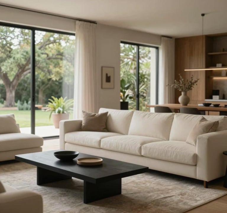 A high-end modern living room interior in Austin. Features a plush cream-colored sofa, a minimalist black coffee table, and large windows showing a glimpse of manicured Texas greenery. The lighting is bright and natural, highlighting textures of wood and linen. Palette: #F8F4ED, #CFC8BE, #1A1A1A.