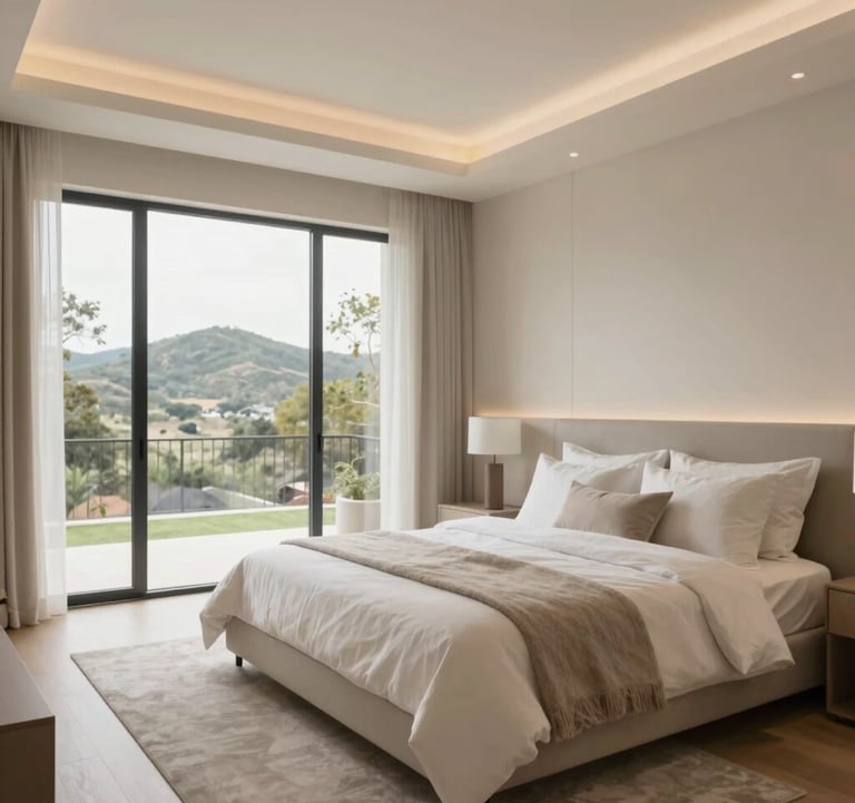 An elegant master bedroom in a high-end Austin home. The design uses warm neutrals (#CFC8BE) and soft whites (#F8F4ED), with large windows overlooking the Texas hill country. Modern, clean, and tranquil mood.