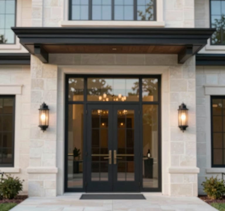 A grand entrance of a luxury residence in Round Rock, featuring tall glass doors, black metal frames (#1A1A1A), and stone masonry. Symmetrical and striking composition.