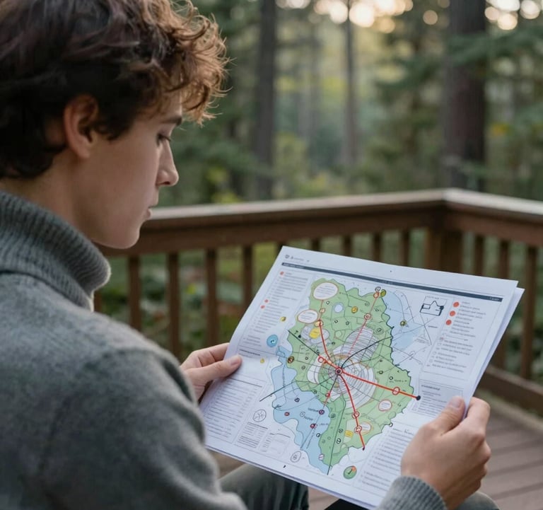 A focused close-up photograph of a person in a high-quality wool sweater, looking thoughtfully at a personalized health map. The setting is a serene outdoor deck in a North American forest, with soft morning light and muted green surroundings.
