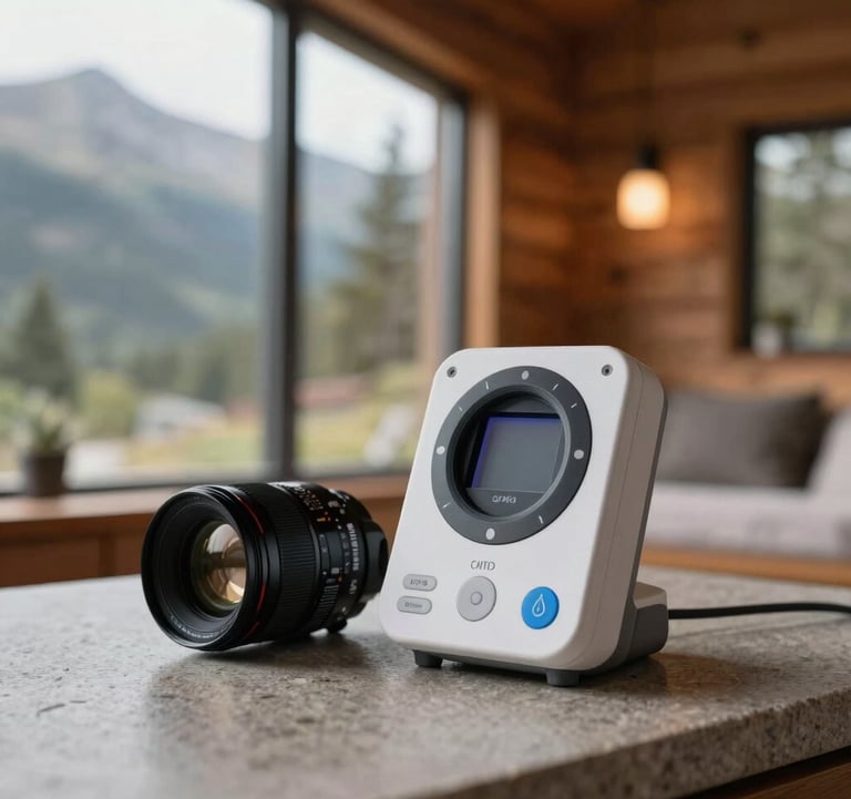Close-up of a high-end, biological monitoring device resting on a clean stone surface inside a modern mountain cabin. Soft, diffuse light, North American / Western setting, evoking scientific precision and holistic health.
