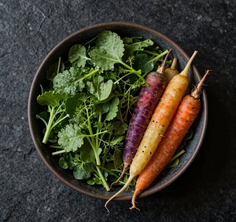 Top-down professional food photography of a bowl of nutrient-dense greens and vibrant root vegetables on a dark stone surface. The lighting is moody and precise, highlighting textures of natural ingredients.