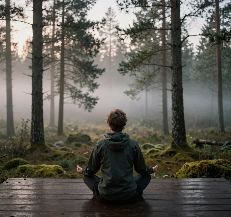 A serene, moody photograph of a person practicing mindfulness on a wooden deck overlooking a pine forest at sunrise. Soft moss and pale mist color palette. North American / Western context.
