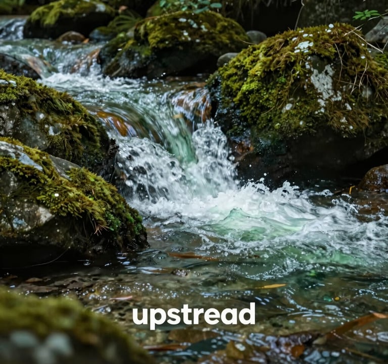 An artistic macro photograph of a mountain stream showing clear, rushing water over mossy stones in deep forest green and pale green hues. The image represents the 'upstream' philosophy of the brand with scientific precision and natural beauty.