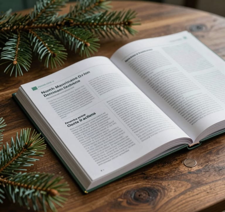 A close-up of a scientific journal lying open on a wooden table next to a sprig of pine. The scene is sophisticated and grounded, using deep forest green and pale mist tones. North American interior design.