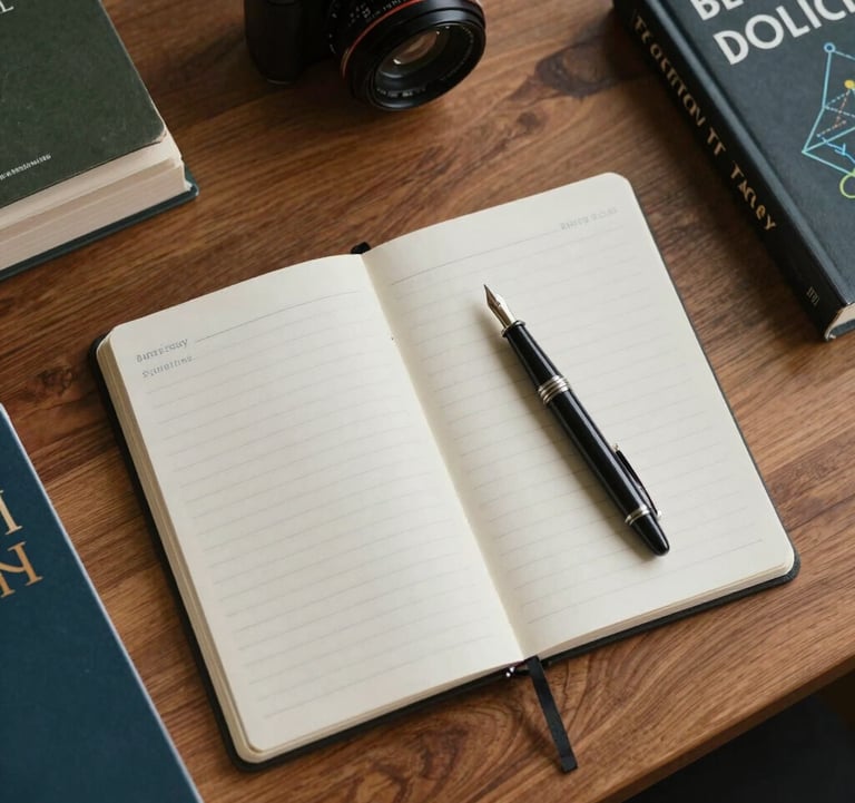 A top-down view of a cedar desk with a notebook and high-end fountain pen, surrounded by books on biology and systems theory. Sophisticated, intellectual atmosphere. North American / Western style.