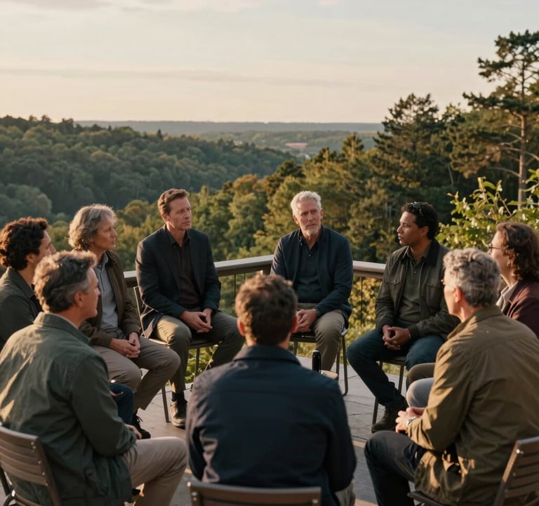 A wide photography shot of a group of North American adults in high-end outdoor attire, engaged in a focused discussion on a terrace overlooking a forested valley. Evening golden hour light, mood of intellectual depth and grounded serenity.