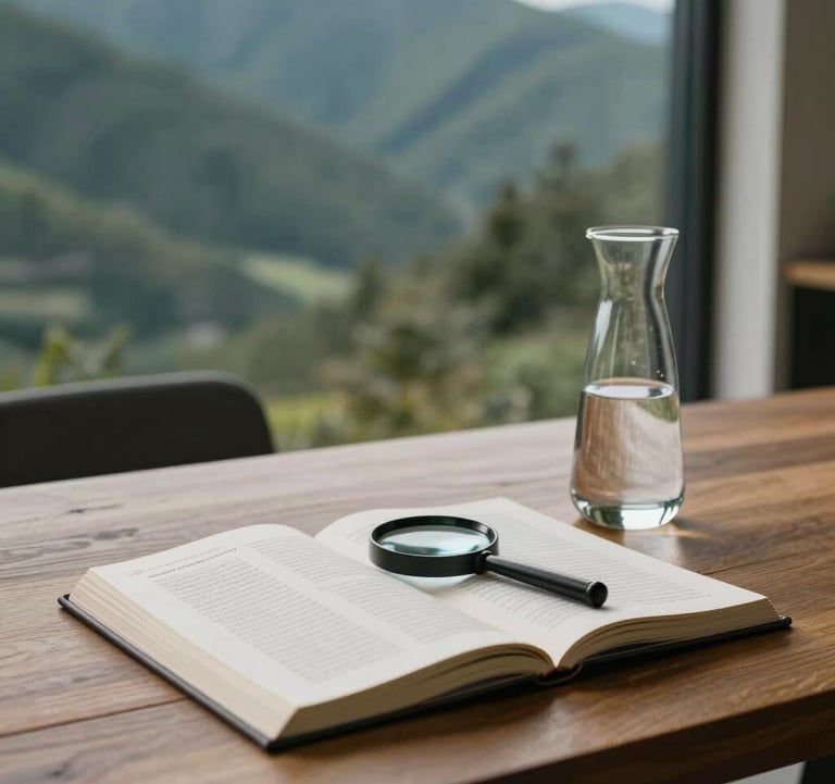 A sophisticated North American mountain retreat interior. A large wooden table holds a scientific journal and a magnifying glass next to a minimalist carafe of water. Sharp focus, intellectual mood, natural lighting, palette of dark green and off-white.