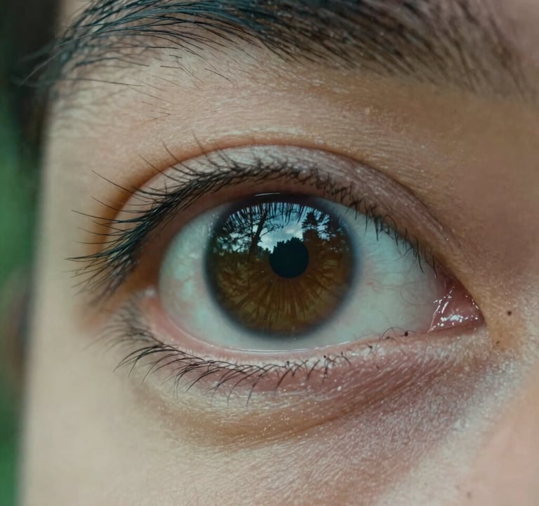 A close-up of a human eye in profile, reflecting a forest landscape, representing the connection between human health and nature. Sophisticated and grounded style. Sage green tones, North American context.