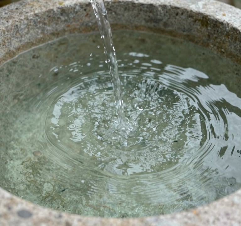 A detailed macro photograph of clear water ripples in a stone basin, representing systemic flow and the concept of upstream changes. The lighting is soft and neutral, with a palette of soft moss and sage green. North American setting.