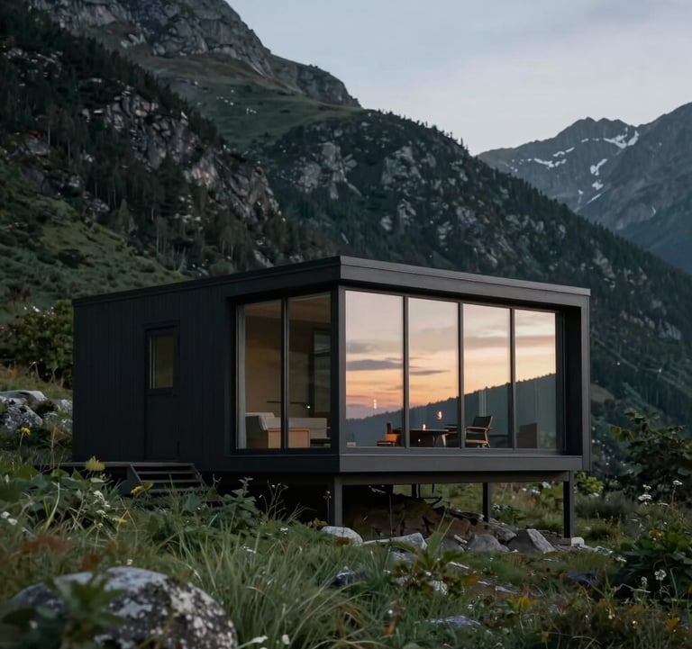 A high-altitude, minimalist cabin nestled into a mountainside, featuring large glass windows reflecting a sunset of soft greens and greys. The atmosphere is quiet, sophisticated, and grounded in nature. North American / Western architecture.