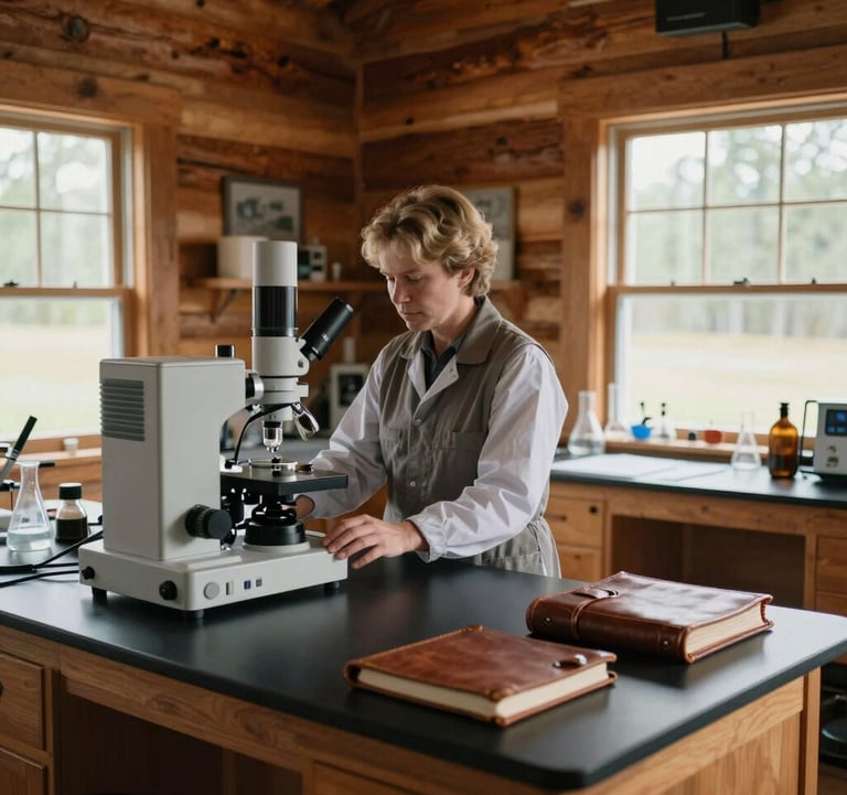 A high-detail photograph of a modern, sophisticated laboratory setup inside a rustic North American timber cabin. Natural light filters through large windows, highlighting scientific equipment and leather-bound journals. The mood is one of grounded authority.