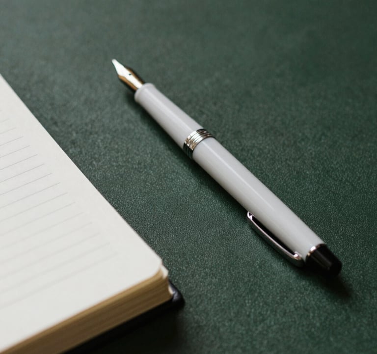 A close-up photograph of a professional journal and a minimalist fountain pen resting on a dark green textured surface. The scene is lit by soft, natural morning light, evoking a sense of calm and intellectual focus.