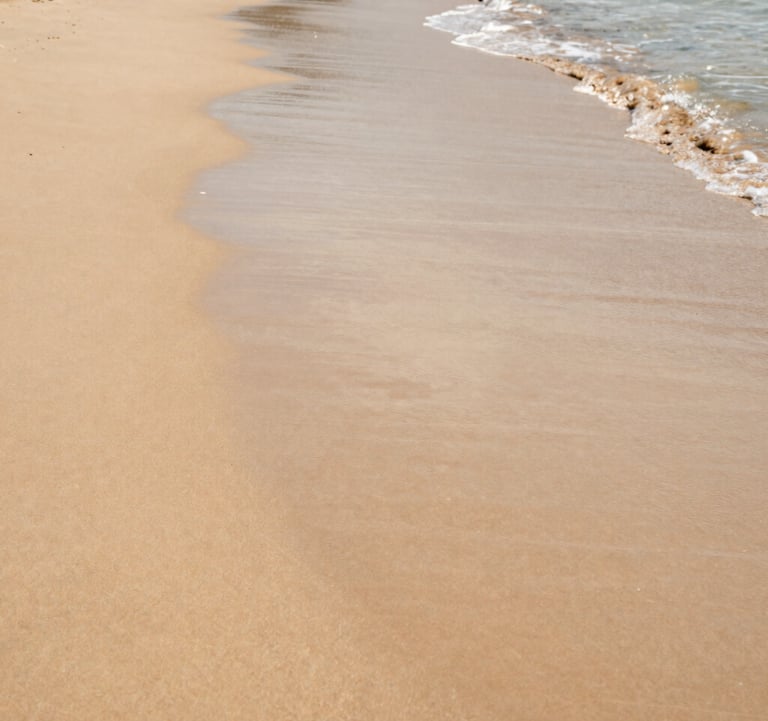 South American / Brazilian secluded pristine beach with golden sand, warm beige and light sand tones, gentle waves, luxury minimalist retreat setting, quiet and peaceful atmosphere.