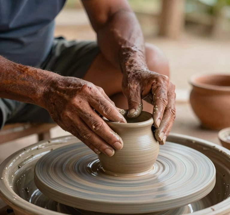 South American / Brazilian local artisan crafting pottery, soft natural lighting, warm beige and terracotta colors, authentic cultural immersion, high-end travel photography.