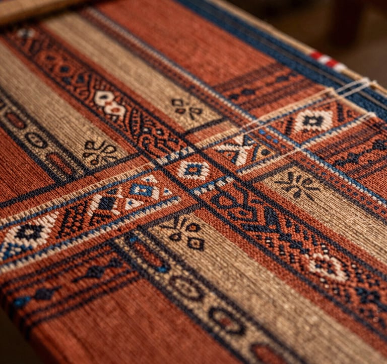 Close-up photography of South American artisanal weaving. Rich textures in earth tones like terracotta and tan. The focus is sharp on the intricate patterns, reflecting cultural depth and heritage.