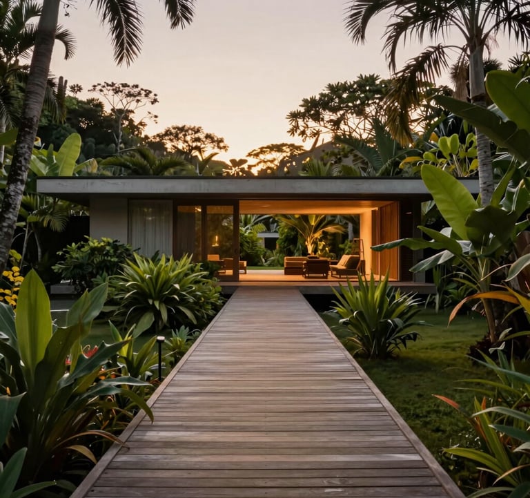 A minimalist wooden walkway leading through a dense tropical garden toward a modern boutique villa at sunset, soft warm lighting, South American / Brazilian architecture.