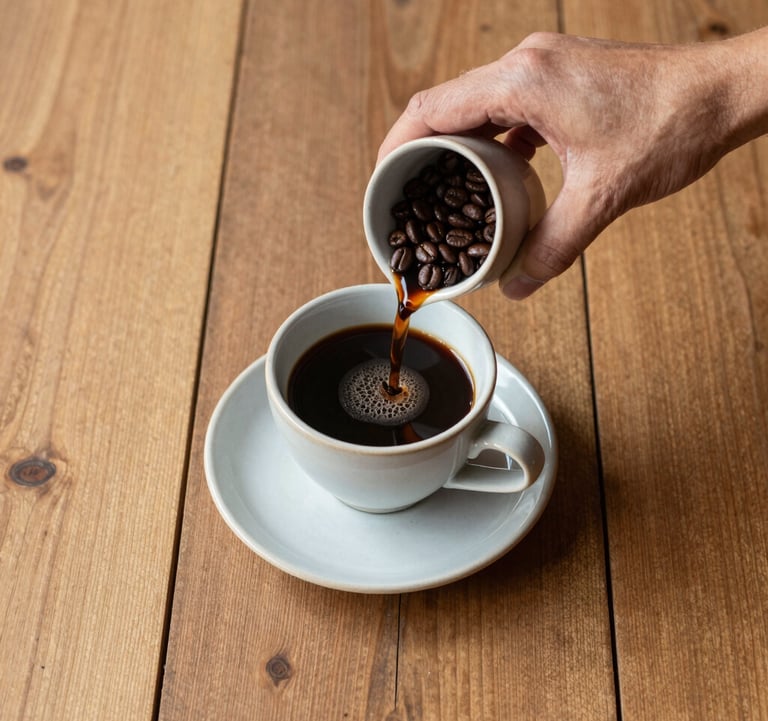 Top-down view of artisanal coffee being served in a ceramic cup on a rustic wooden table in a high-end Brazilian farmhouse, natural light, minimalist style.