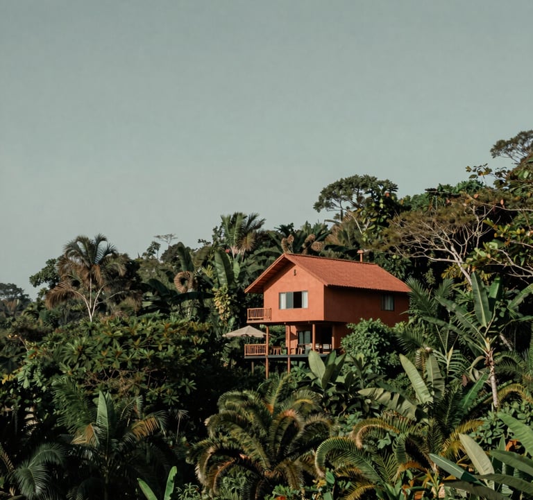 South American / Brazilian nature landscape, minimalist photography, muted terracotta and sage green tones, an exclusive eco-lodge hidden in the rainforest, understated luxury.