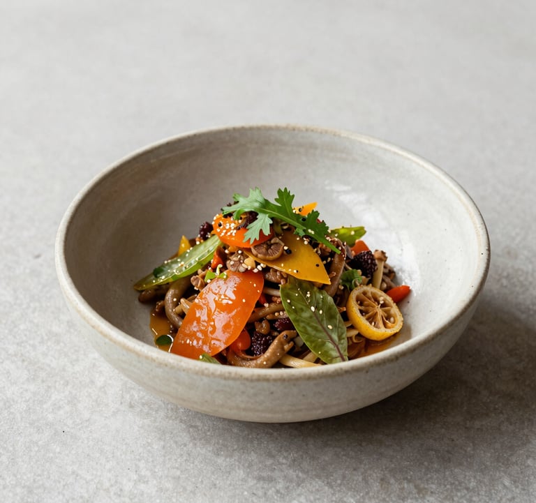 High-end culinary photography showing a modern interpretation of a classic South American dish. Ingredients are vibrant and fresh, served in a handmade ceramic bowl. Natural light, minimalist composition.