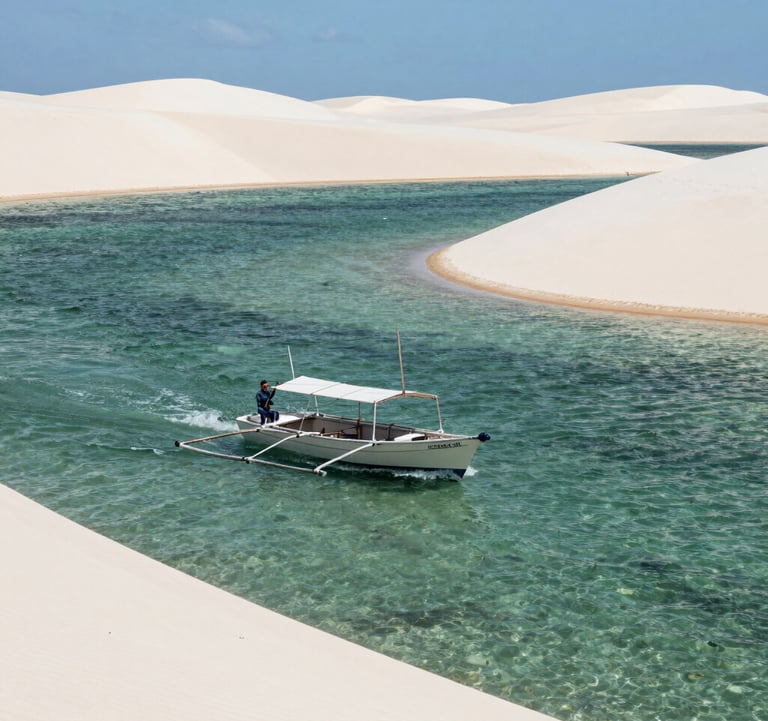 Action shot of a small boat navigating the crystal clear lagoons of Lençóis Maranhenses, bright sunlight, vast white sand dunes, South American / Brazilian nature.