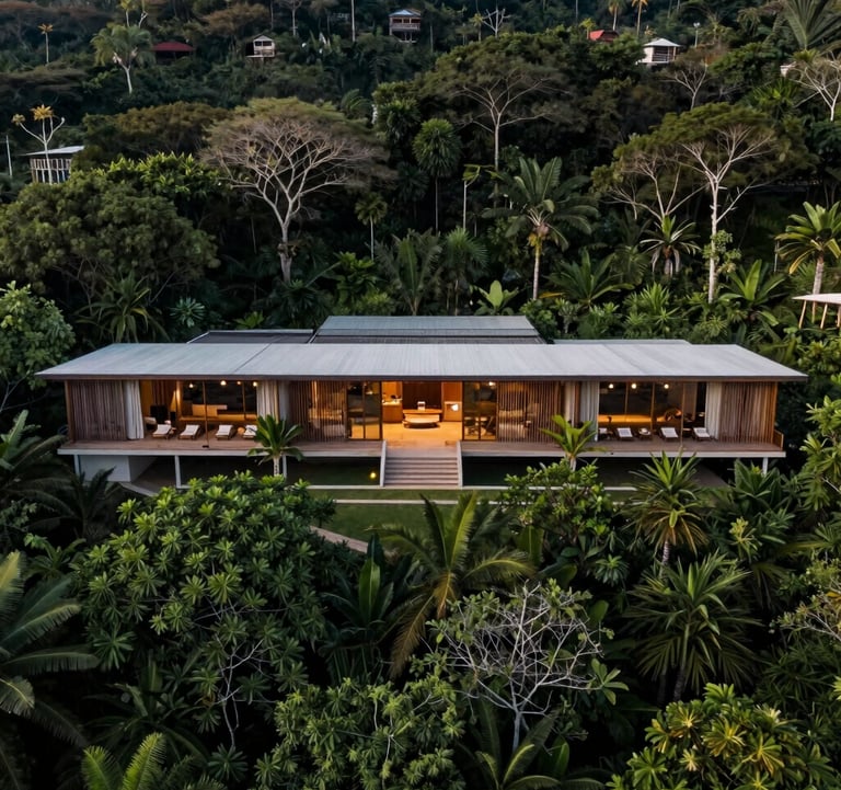 Wide aerial shot of a minimalist luxury eco-boutique hotel in the heart of the Brazilian nature. Sustainable architecture, dark green foliage, serene morning atmosphere.