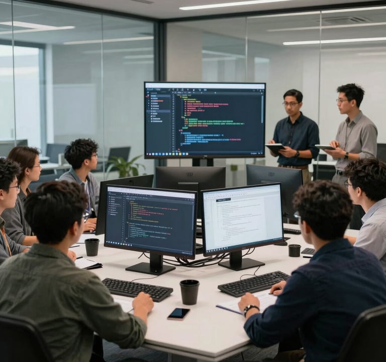 Clean, wide shot of a collaborative team of North American developers in a glass-walled conference room, looking at screens with clean UI code.
