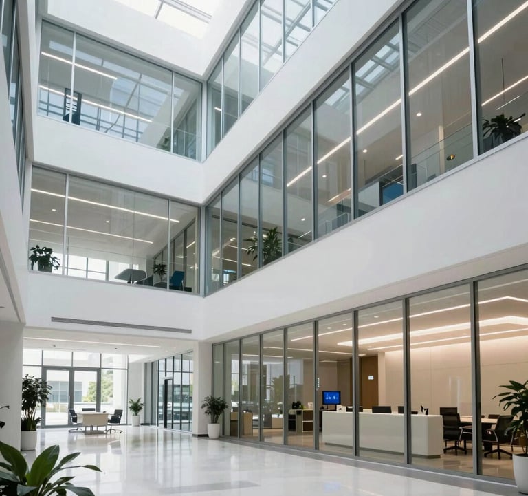 An architectural shot of a sleek North American technology campus interior with high ceilings and glass walls, reflecting a clean, modern, and innovative corporate culture with white and bright blue accents.