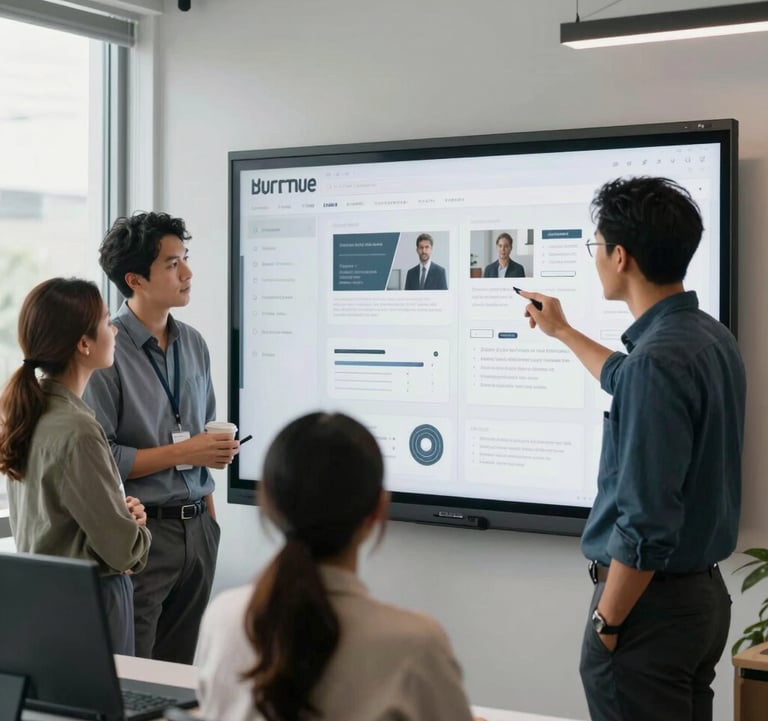 A collaborative team of diverse professionals in a bright US office looking at a large digital whiteboard displaying website wireframes, optimistic and professional atmosphere, daylight through windows.