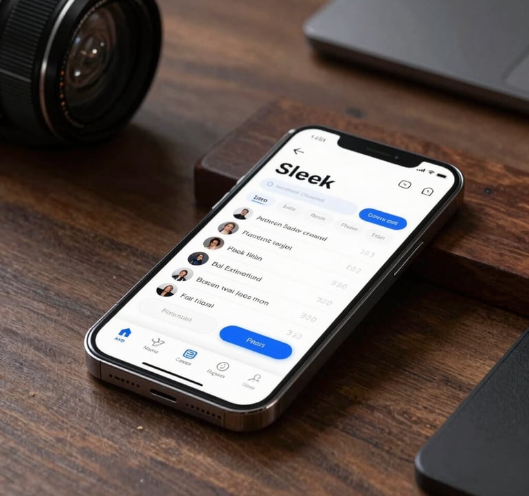 Sleek mobile app interface mockup shown on an smartphone resting on a designer desk, professional studio lighting.