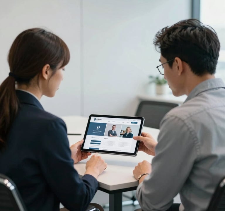A professional lifestyle photograph of two creative professionals in a North American corporate meeting room. They are looking at a tablet displaying a sleek web interface design. The environment is clean and professional with white walls and soft blue accents.